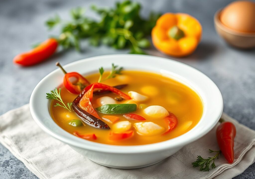 Runderbouillon met Madeira en julienne gesneden groenten, AI-gegenereerde illustratie