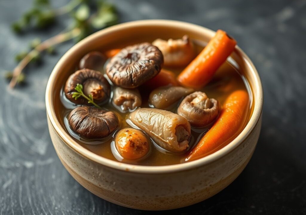 Runderbouillon met shiitake en prei, AI-gegenereerde illustratie