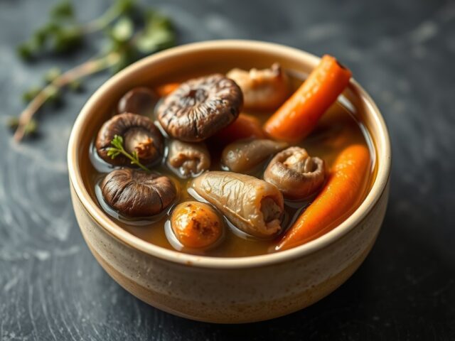 Runderbouillon met shiitake en prei — AI-gegenereerde illustratie