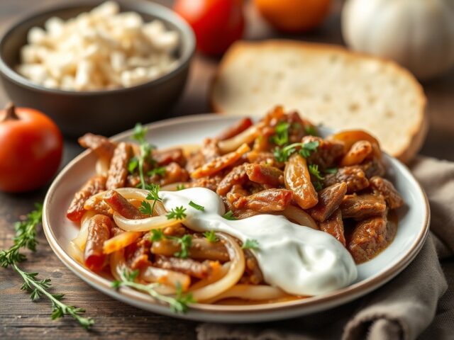 Rundergoulash met zilveruitjes en zure room — AI-gegenereerde illustratie