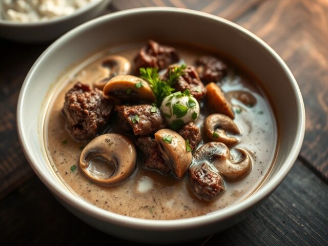 Rundsragout met paddenstoelen en peper