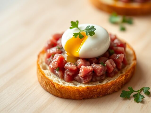 Rundtartaartje op toast gepocheerd kwarteleitje
