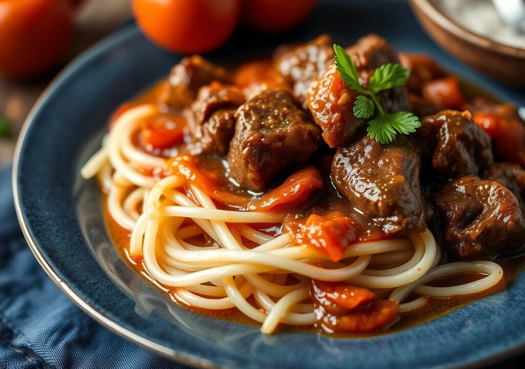 Rundvlees in tomatensaus op Bourgondische wijze, AI-gegenereerde illustratie