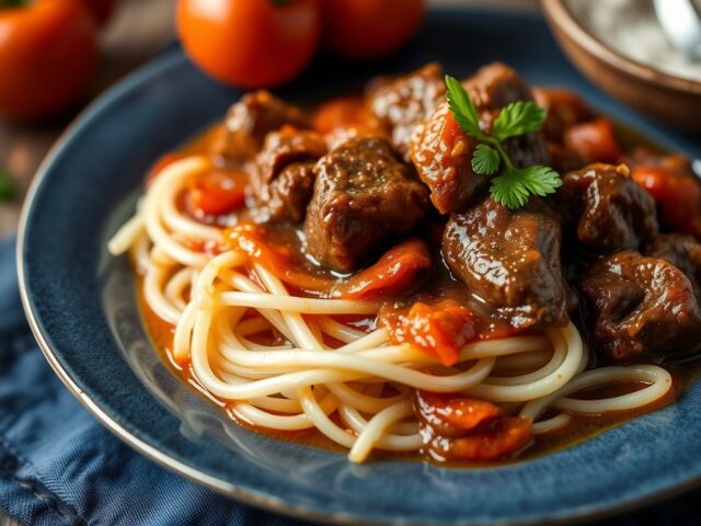 Rundvlees in tomatensaus op Bourgondische wijze — AI-gegenereerde illustratie