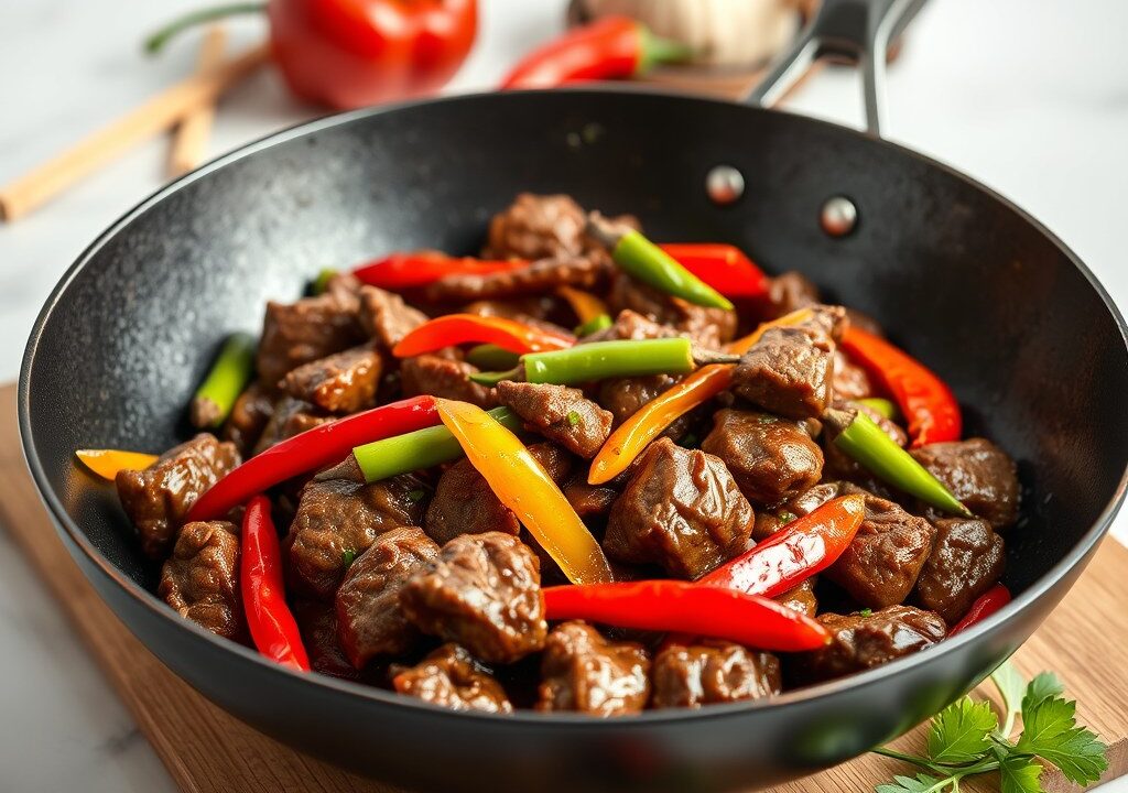 Rundvlees met chilipepers, paprika en maïskolfjes — AI-gegenereerde illustratie