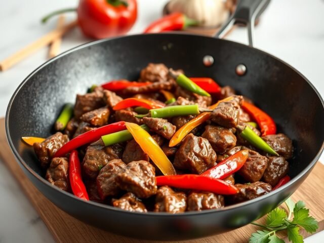Rundvlees met chilipepers, paprika en maïskolfjes — AI-gegenereerde illustratie