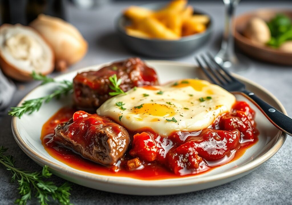 Rundvlees met rode wijnsaus en gratin dauphinois — AI-gegenereerde illustratie