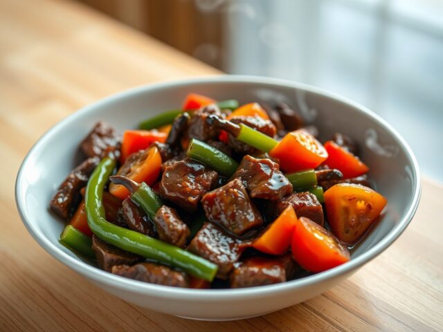 RUNDVLEES MET TOMAAT EN PAPRIKA IN ZWARTE BONENSAU