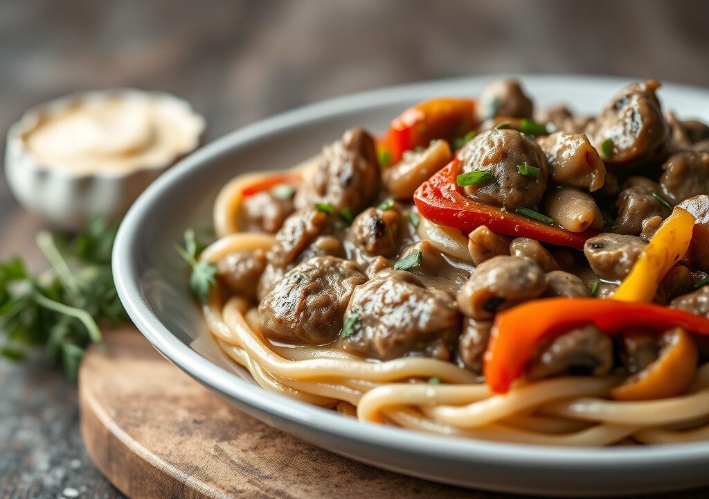 Russische biefstuk (Stroganoff), AI-gegenereerde illustratie