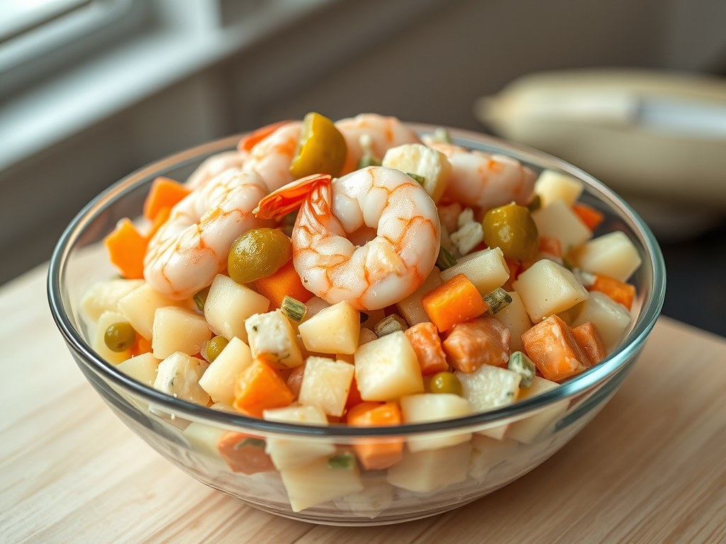 russische garnalensalade, AI-gegenereerde illustratie