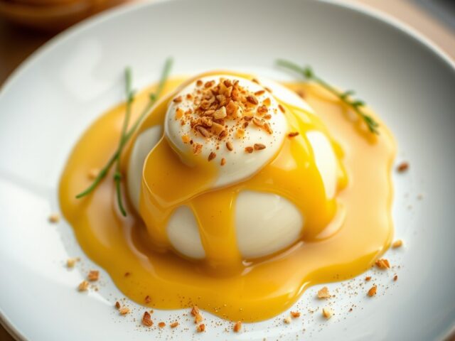 Sabayon met aardbeiencoulis en witte druiven.