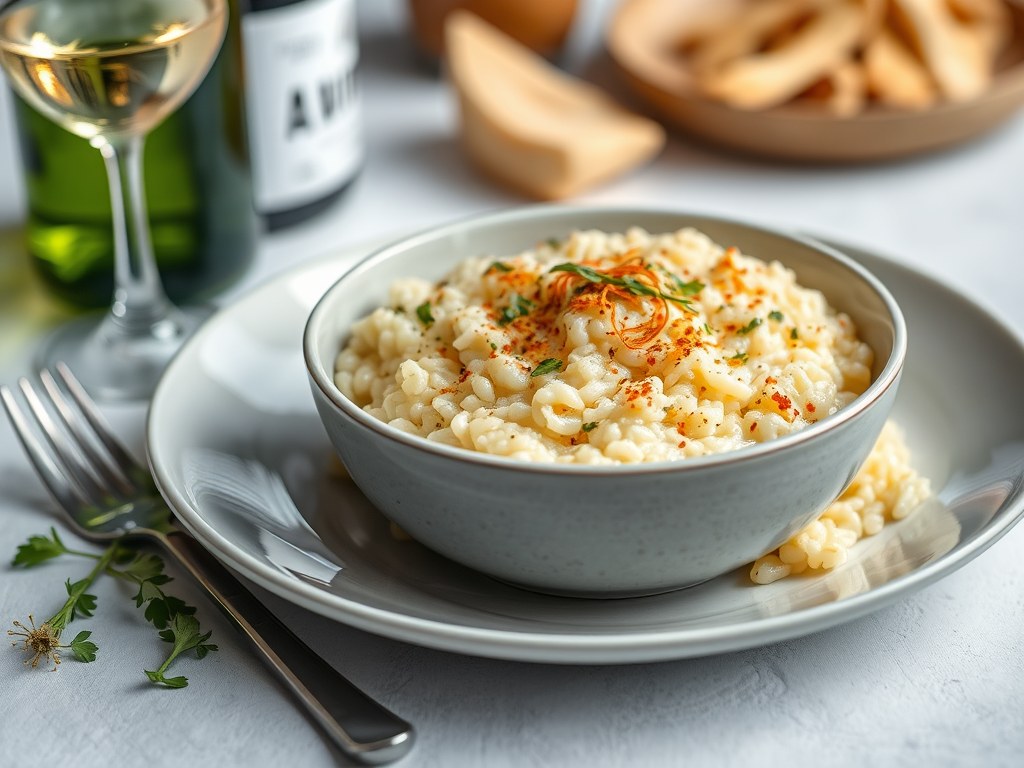 Saffraanrisotto met cava, AI-gegenereerde illustratie