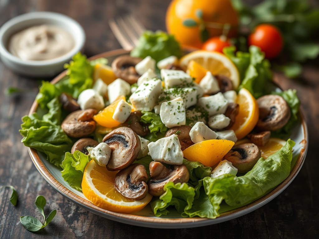 Salade met Champignons, Gorgonzola en Bresaola, AI-gegenereerde illustratie