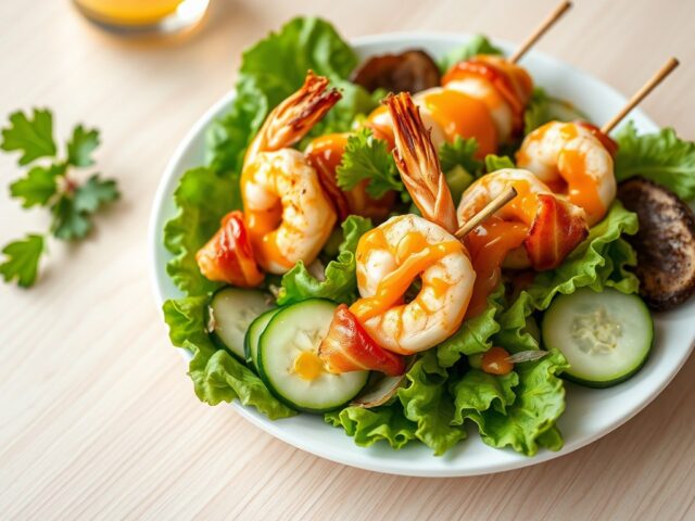 Salade met garnalenspiesjes