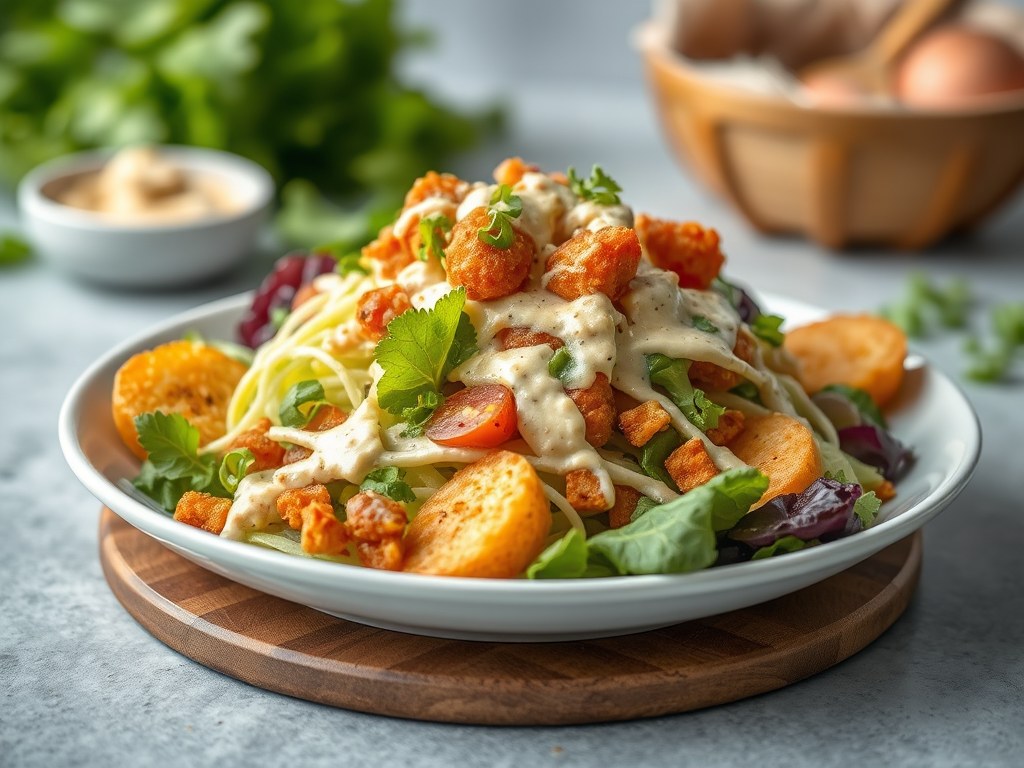 Salade met gebakken duivenborst en bramendressing, AI-gegenereerde illustratie