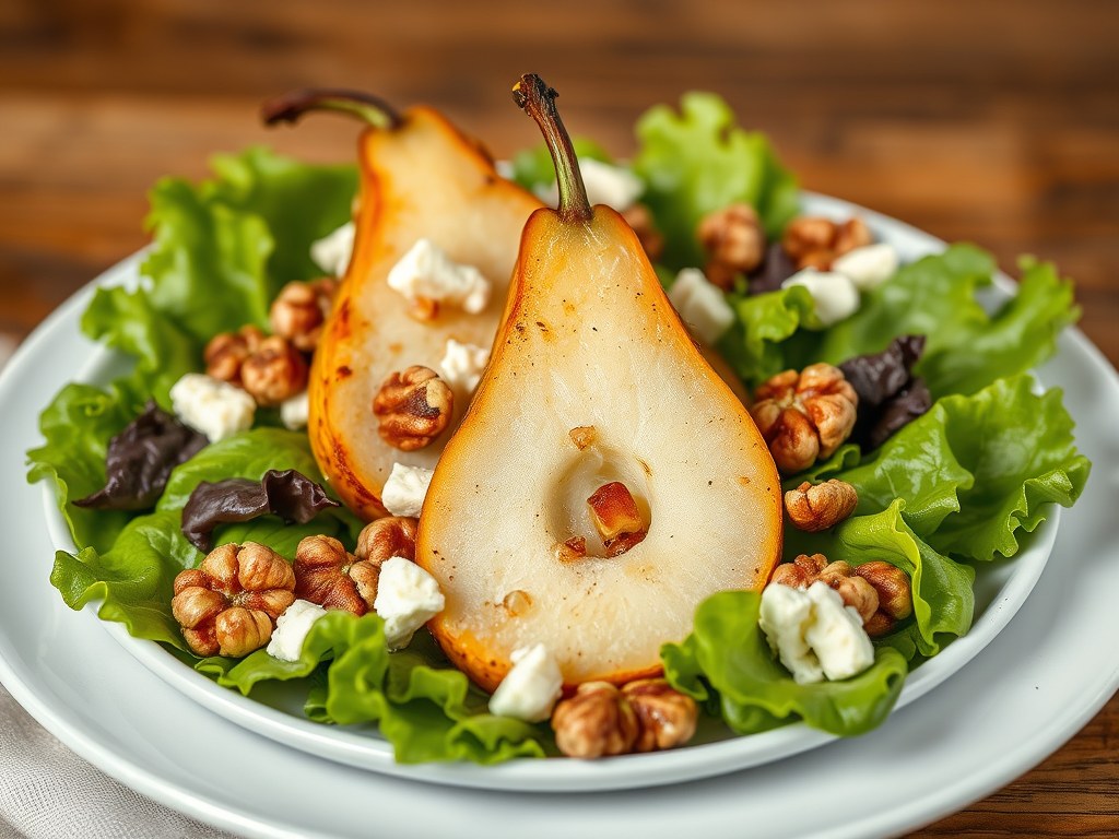 Salade met gebakken peer, gorgonzola, walnoten en, AI-gegenereerde illustratie