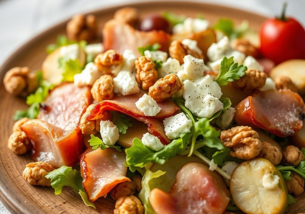 Salade met gebakken peer, Gorgonzola, walnoten en gerookte ham, AI-gegenereerde illustratie