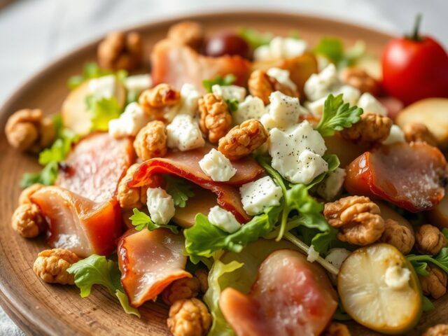 Salade met gebakken peer, Gorgonzola, walnoten en gerookte ham