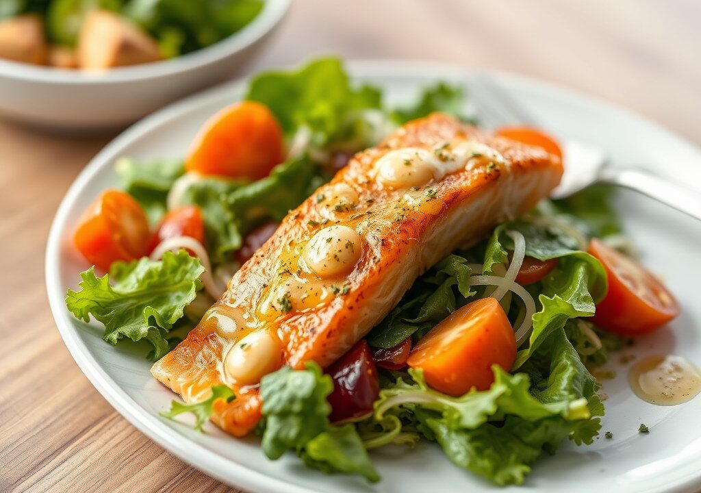 salade met gebakken zalm en gamba^A’s, AI-gegenereerde illustratie