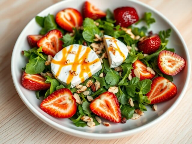 Salade met gemarineerde aardbeien en brie