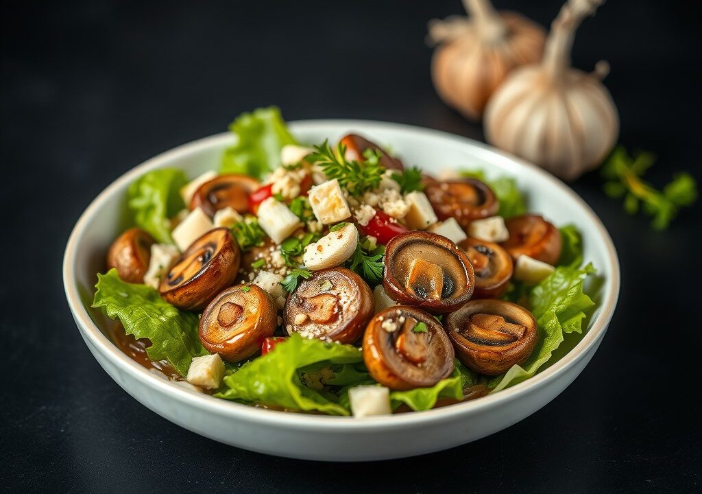 Salade met gemarineerde champignons, AI-gegenereerde illustratie