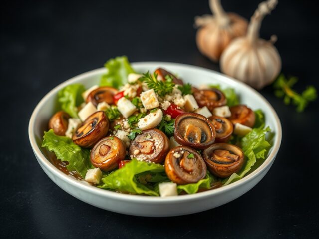 Salade met gemarineerde champignons — AI-gegenereerde illustratie