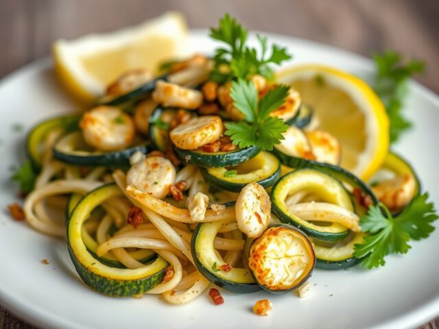 Salade met gemarineerde courgette met gebakken sca