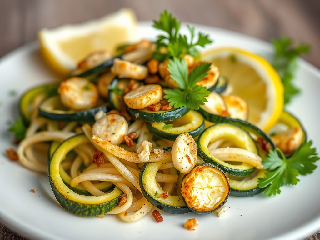 Salade met gemarineerde courgette met gebakken sca, AI-gegenereerde illustratie