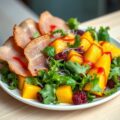 Salade met gerookte eendenham en verse mango