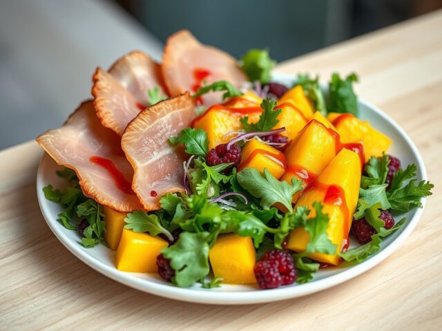 Salade met gerookte eendenham en verse mango