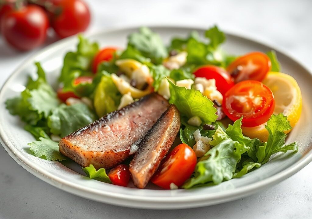 Salade met gerookte forel, AI-gegenereerde illustratie