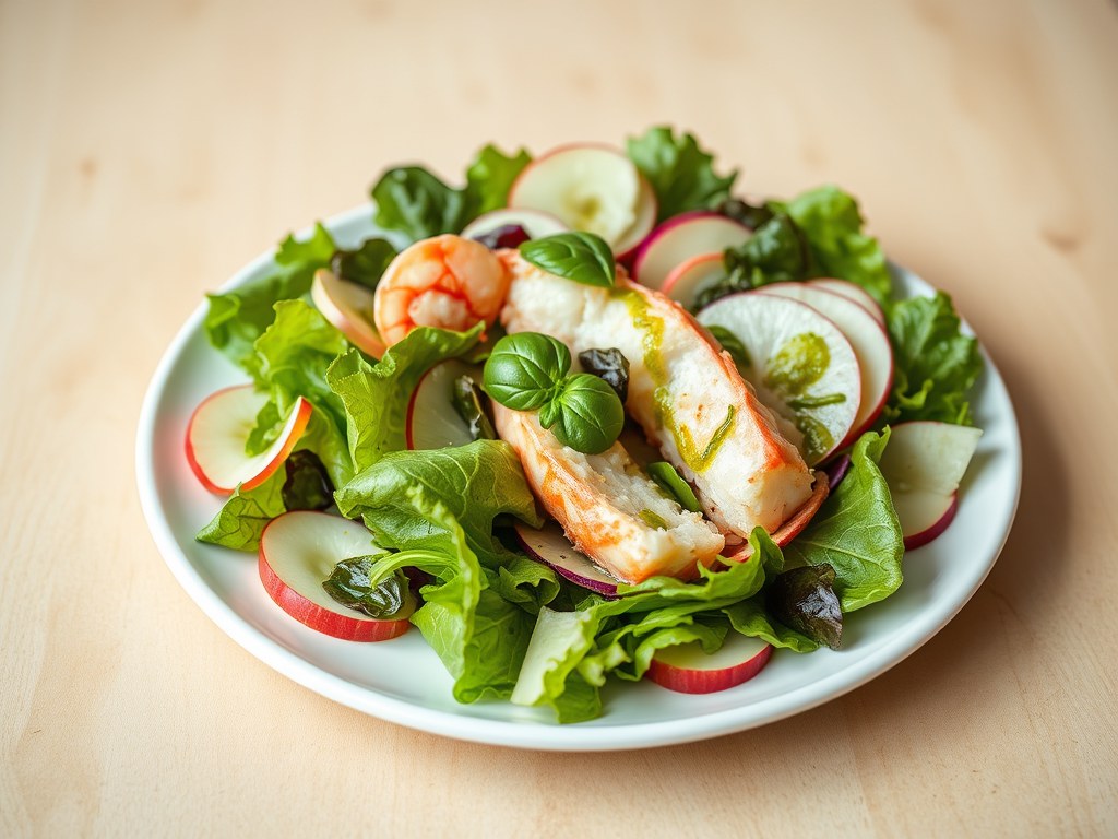 Salade met kreeft en basalicumdressing, AI-gegenereerde illustratie