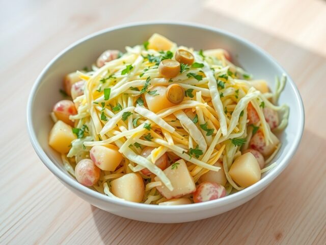 Salade met krielaardappeltjes en omeletreepjes