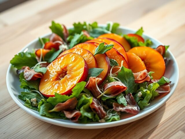 Salade met nectarine,ham en munt