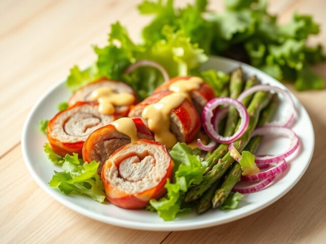 Salade met plakjes slavink, gegrilde asperges en m