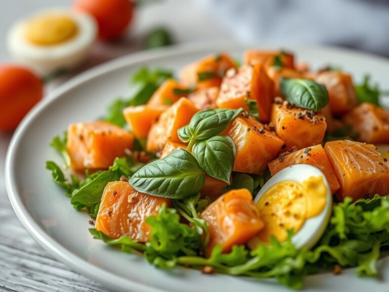 Salade met roergebakken blokjes zalm en basilicum