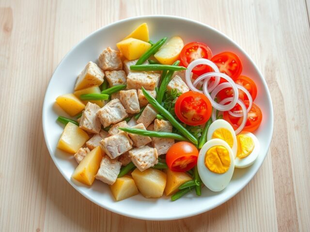 Salade met tonijn, aardappel, bonen, tomaat en ui