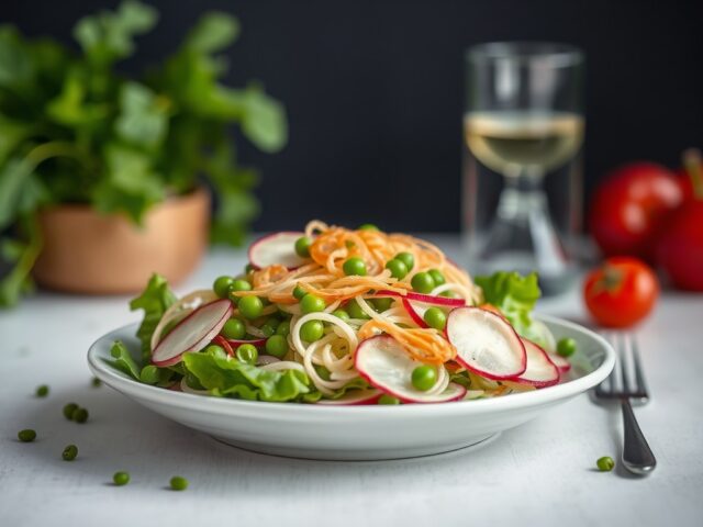 Salade met verse erwtjes, sliptong en sinaasappeld