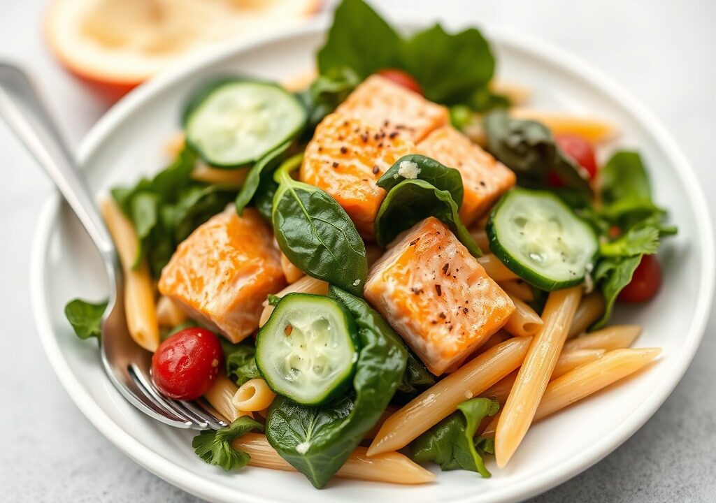 Salade met zalm, spinazie en mieriksworteldressing, AI-gegenereerde illustratie