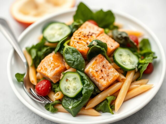 Salade met zalm, spinazie en mieriksworteldressing — AI-gegenereerde illustratie