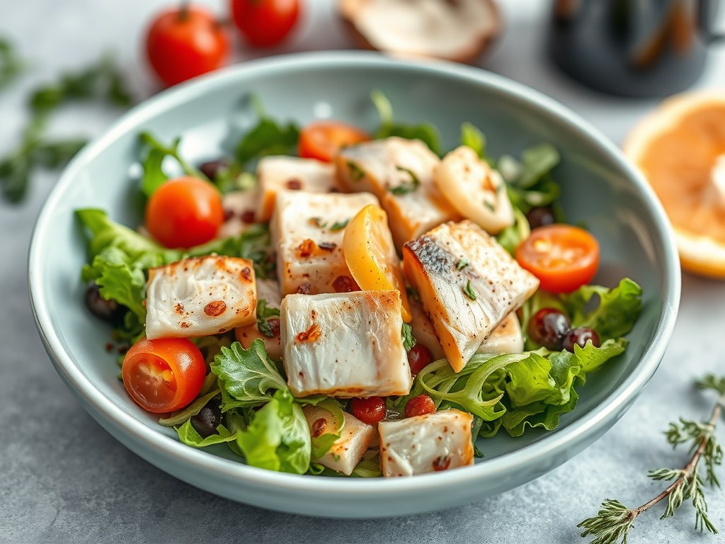 Salade Nicoise met makreel, AI-gegenereerde illustratie