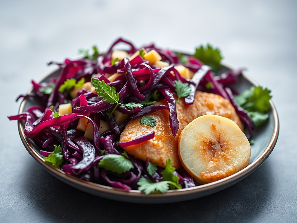 Salade Rood ( ± Rode Kool) met Eendenborstfilet, AI-gegenereerde illustratie