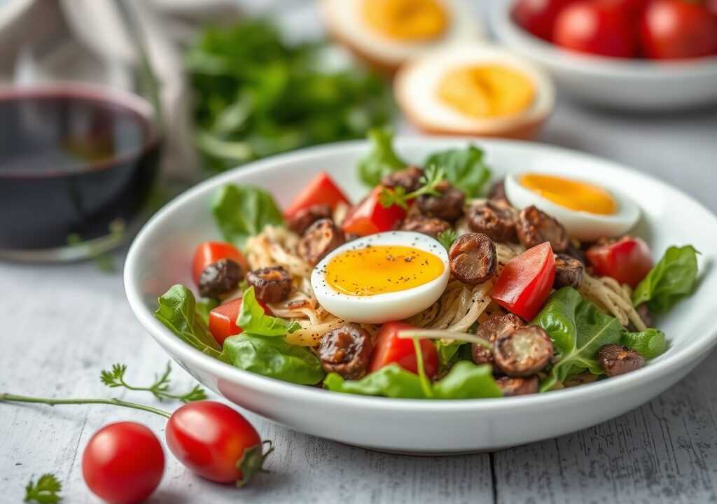 Salade tiÃ¨de de pigeonneau au vin rouge, AI-gegenereerde illustratie