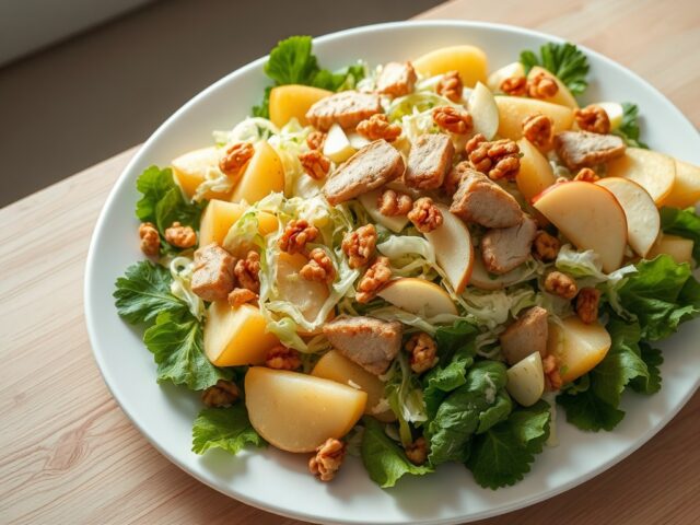Salade van aardappelen in de schil met witloof, savooi, appel en gerookte kip