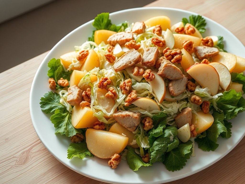 Salade van aardappelen in de schil met witloof, savooi, appel en gerookte kip, AI-gegenereerde illustratie