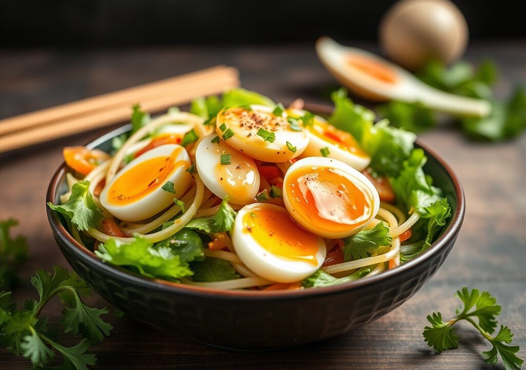 Salade van bamboescheuten en eieren (zie opm), AI-gegenereerde illustratie