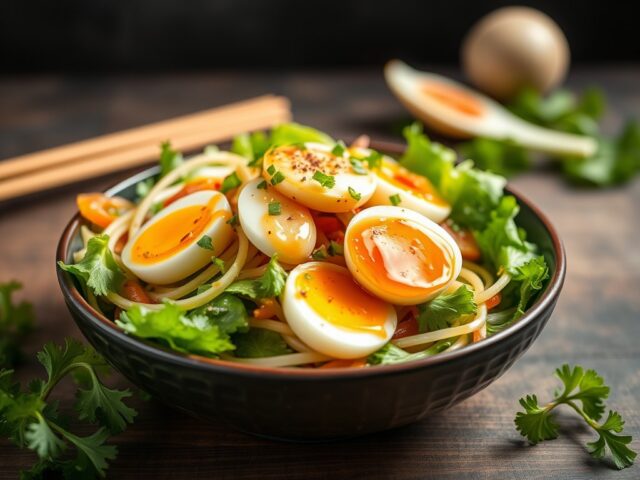 Salade van bamboescheuten en eieren (zie opm) — AI-gegenereerde illustratie