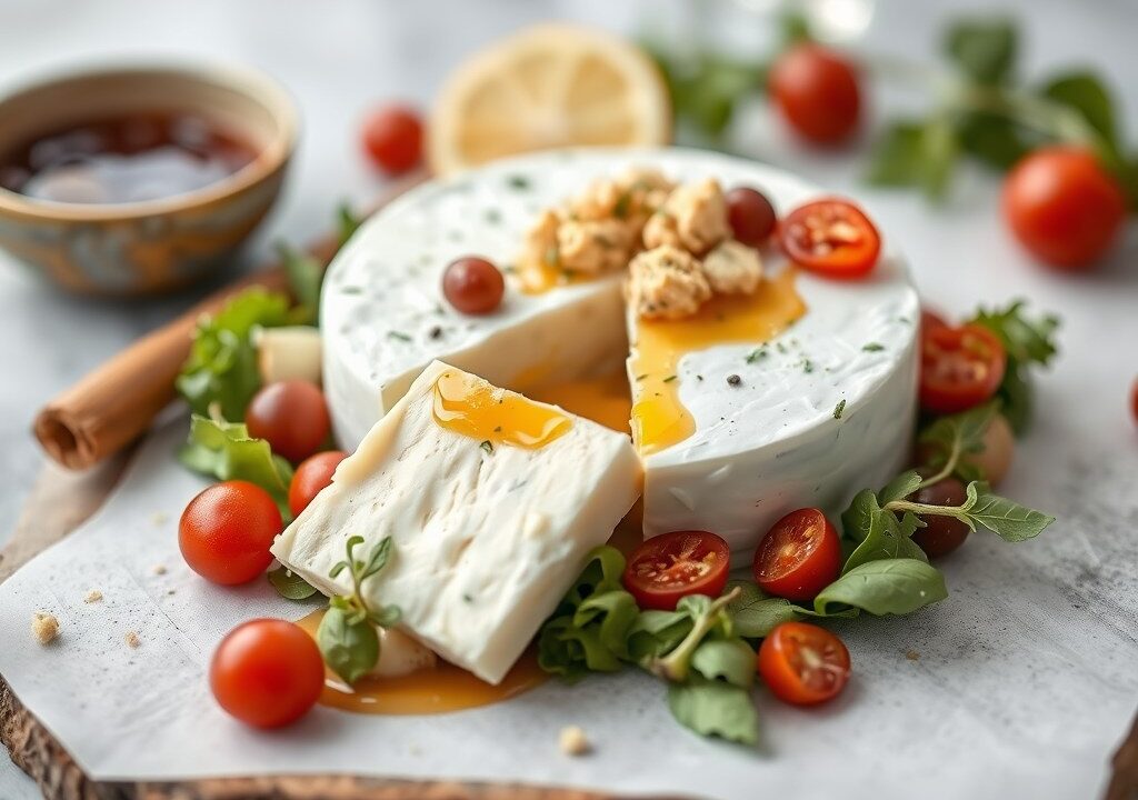 Salade van brie en aardbei, AI-gegenereerde illustratie