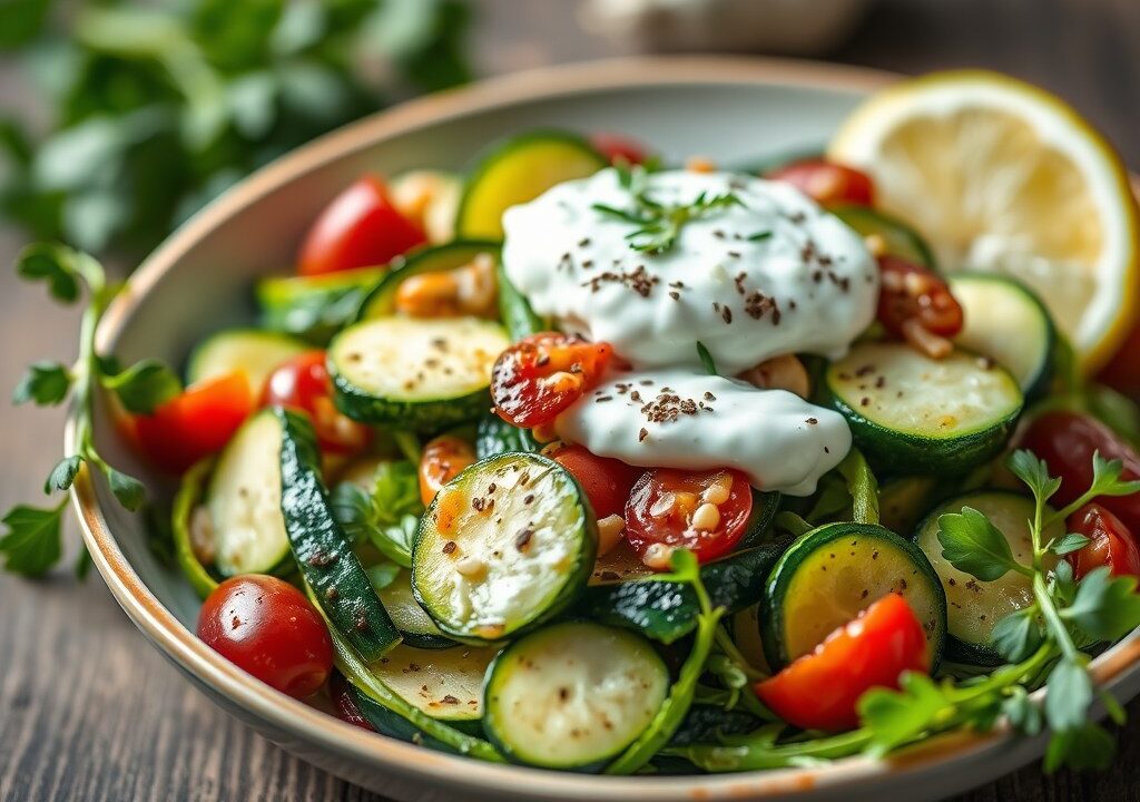 Salade van courgette met yoghurt-kruidensaus, AI-gegenereerde illustratie