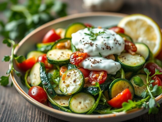 Salade van courgette met yoghurt-kruidensaus — AI-gegenereerde illustratie